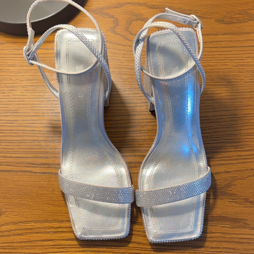 Silver Rhinestone Strappy Block Heels - Picture 2 of 3